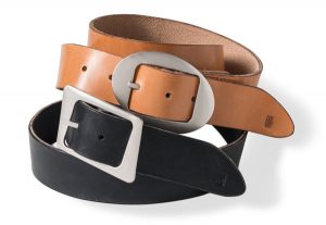 Stacked coiled black and coiled tan belt