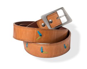 Coiled tan belt with rectangular buckle